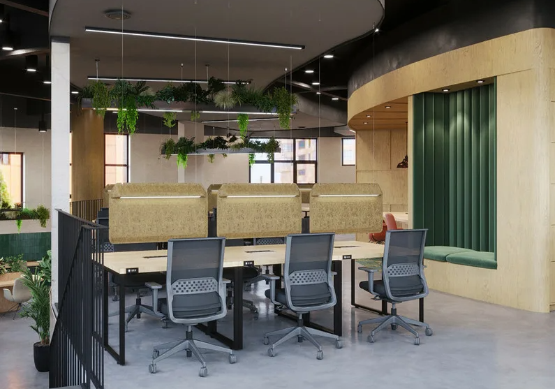 Modern coworking interior near residential streets