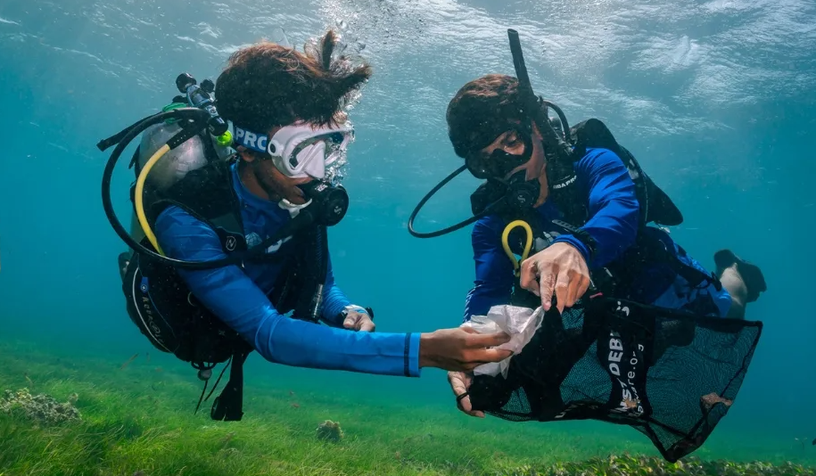 Volunteer divers reviewing reef-safe plans before entering the water